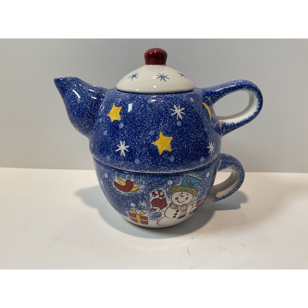 Studio Nova Frosty Snowman Teapot‎ and Cup Set Blue Christmas Stars Moon